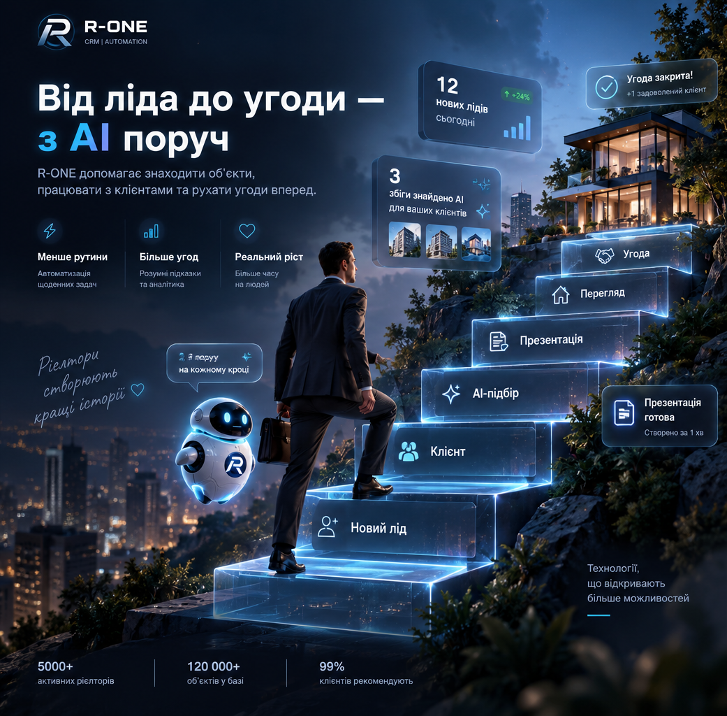 R-ONE: шлях рієлтора від нового ліда до угоди разом з AI-помічником у вечірньому місті